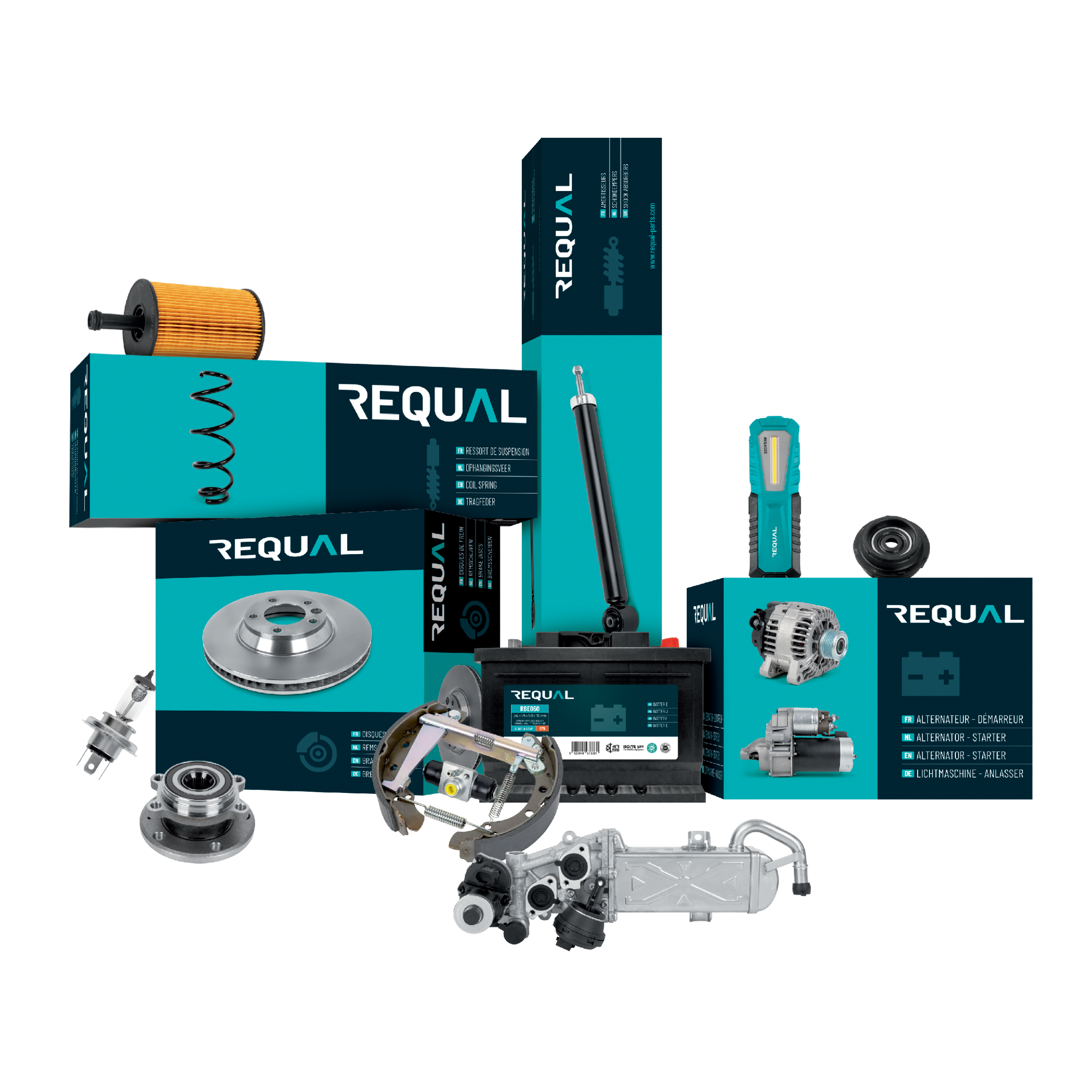 A collection of automotive parts, including a turbocharger, are displayed on a white background. Contenu g n r  par l’IA